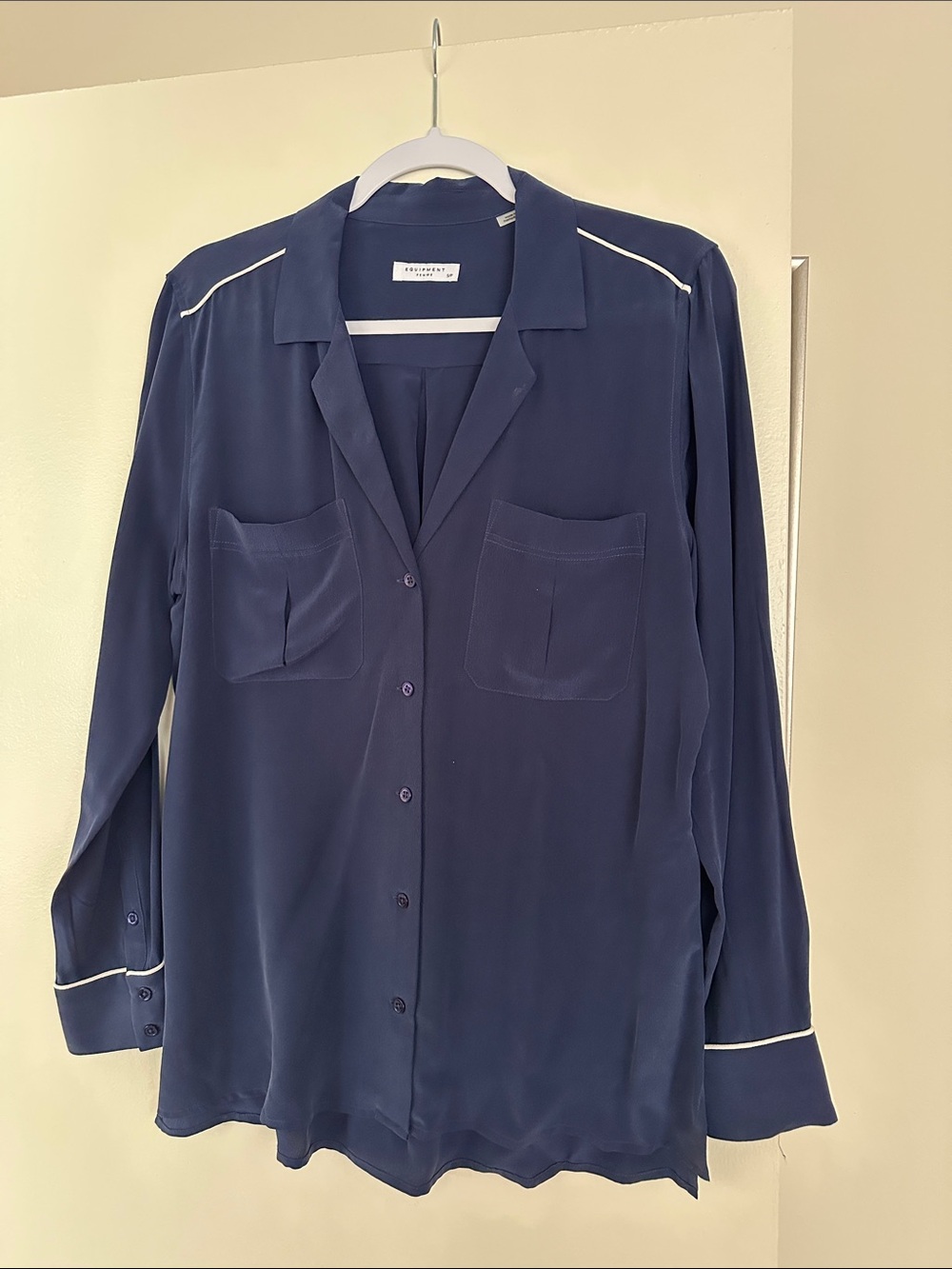 Silk Equipment Navy Blouse with White Trim